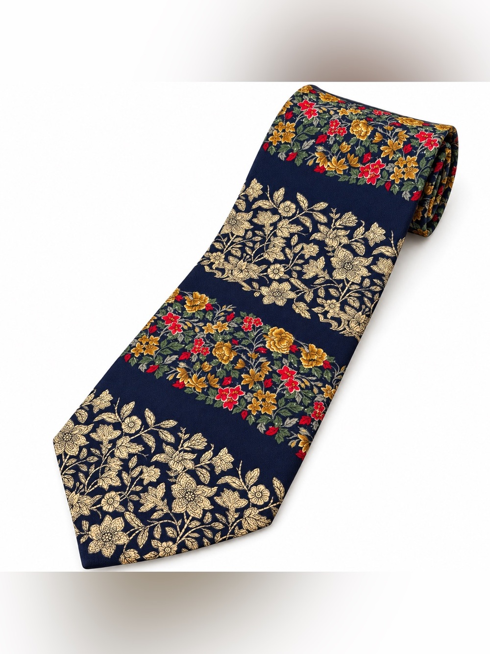 Navy Floral Jacquard Men's Tie with Red & Gold Accents